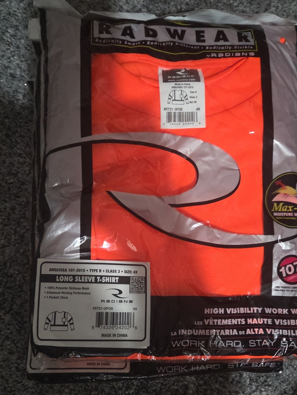 Radwear Hi-Vis Orange Long Sleeve T-Shirt 4X NEW